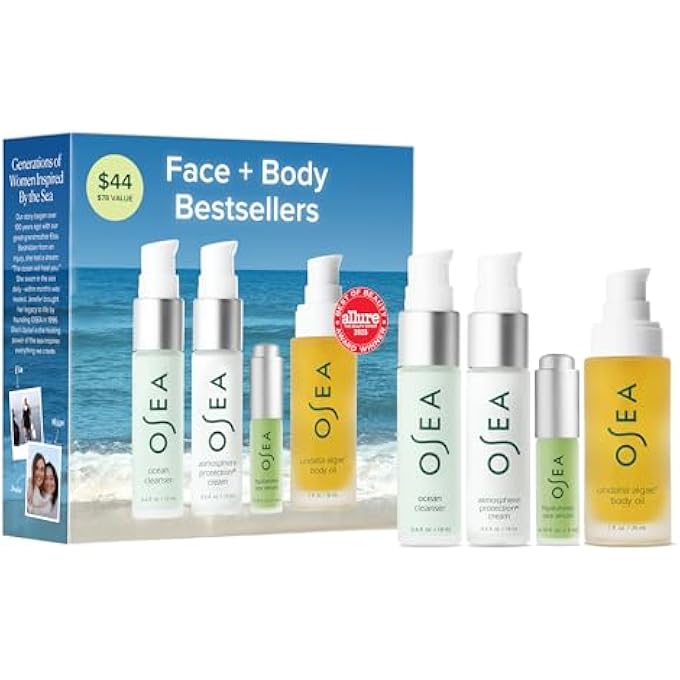 OSEA BESTSELLERS SET FOR FACE + BODY -4-PIECE SKIN CARE SET - BODY OIL, FACE CLEANSER, FACE CREAM, & HYALURONIC ACID SERUM - CLEAN BEAUTY TRAVEL SET - IDEAL FOR BEAUTY GIFTS - Image 1